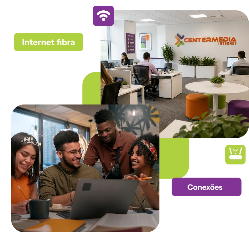 Escritório da Center Media e clientes usando a internet fibra
